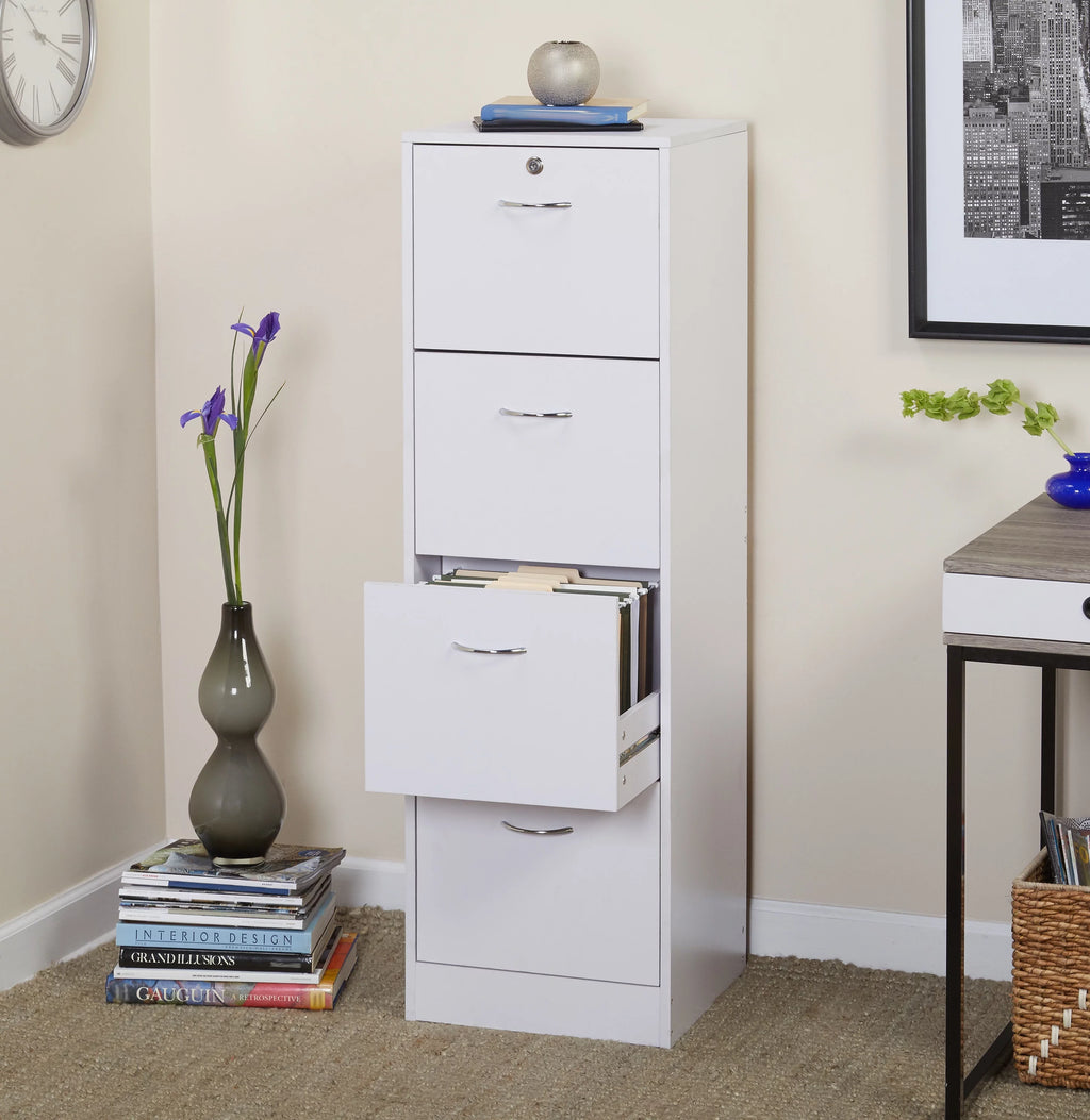 White 4 Drawer Wood Lockable Filing Cabinet N595155