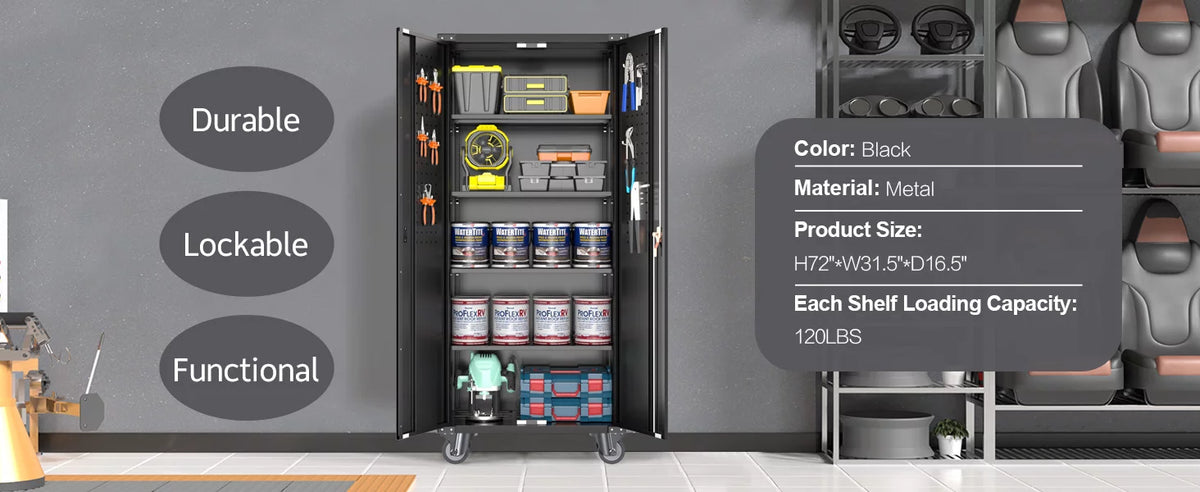 Black Metal Storage Cabinet with Wheels and Pegboard N2609