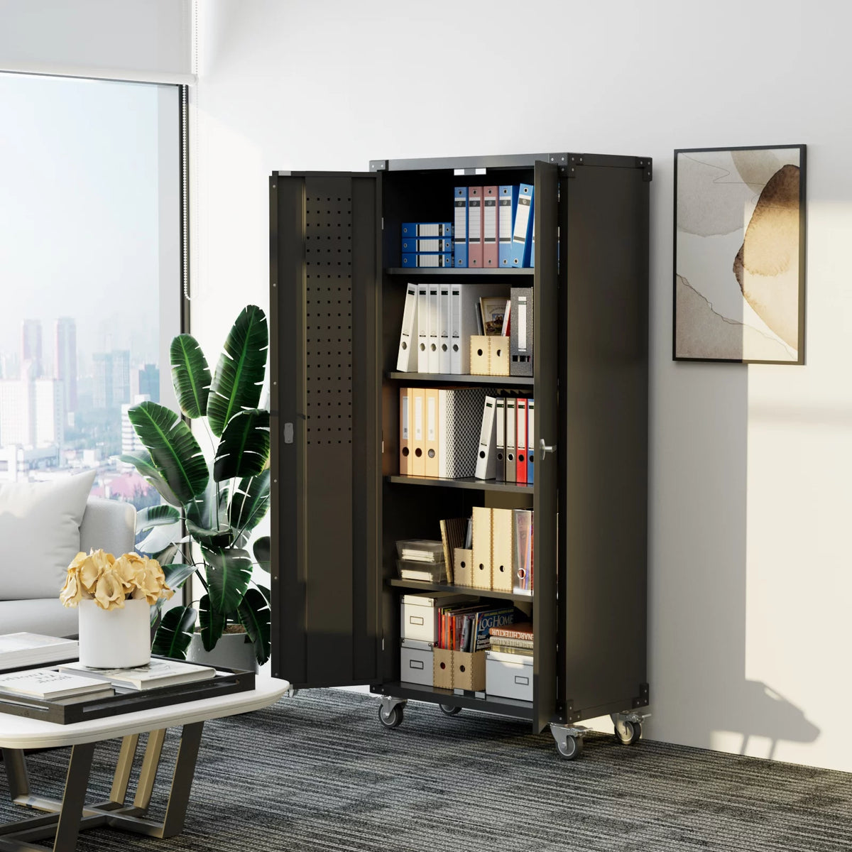 Black Metal Storage Cabinet with Wheels and Pegboard N2609