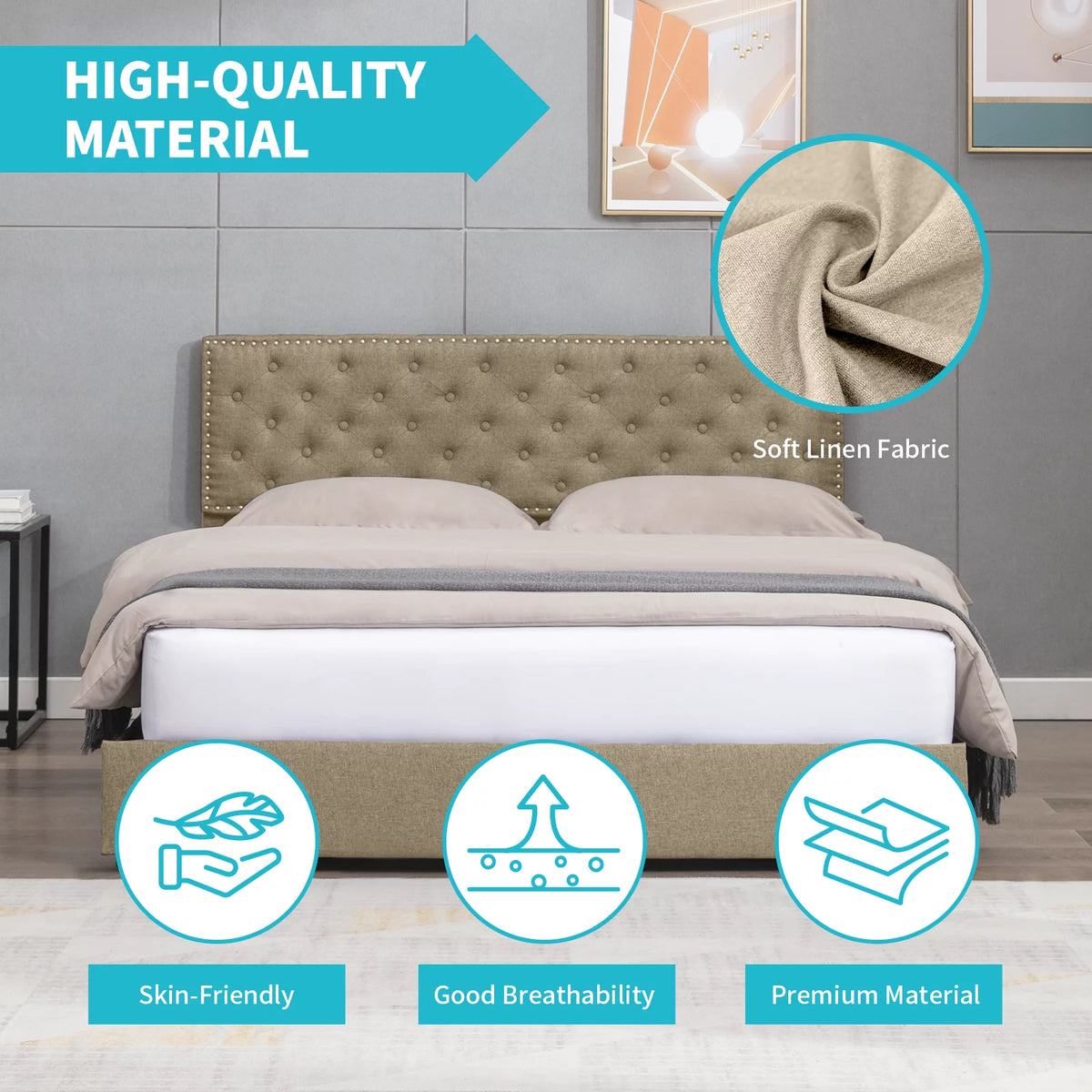King Size Beige Platform Bed Frame with 4 Storage Drawers P7514