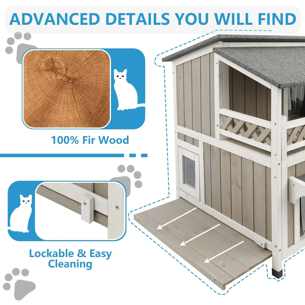 Outdoor 2-Story Wooden Cat House with Balcony M715054