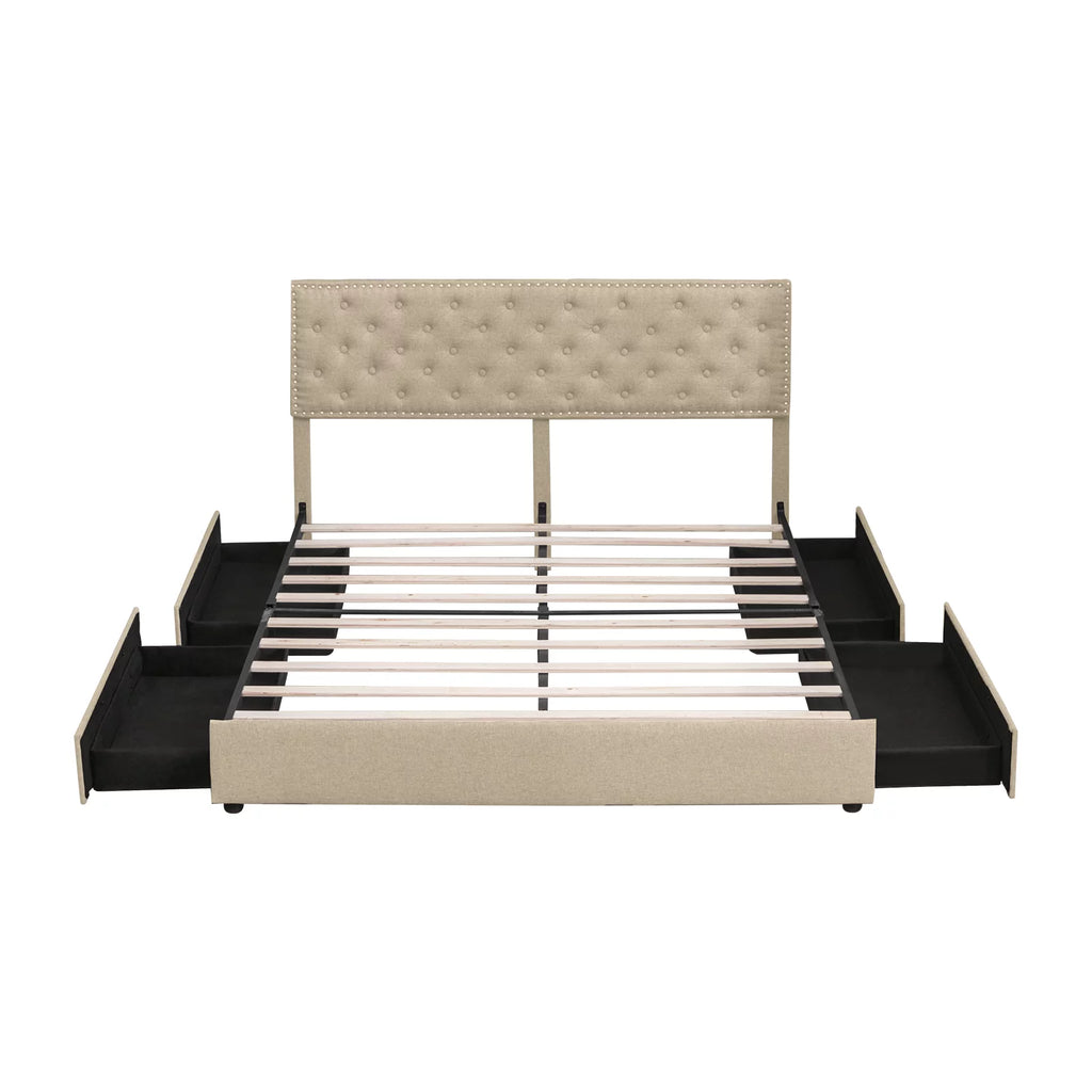 King Size Beige Platform Bed Frame with 4 Storage Drawers P7514