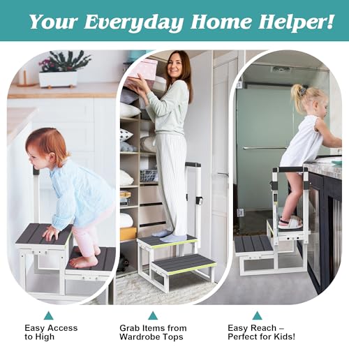 2 Step Stool with Handrail, Anti-Slip Mats, Wide Platform H7934