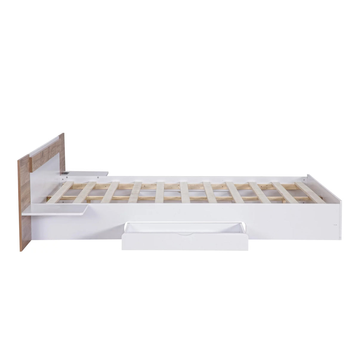 White Queen Size Wood Platform Bed with Storage Shelves and 2 Drawers Y16626