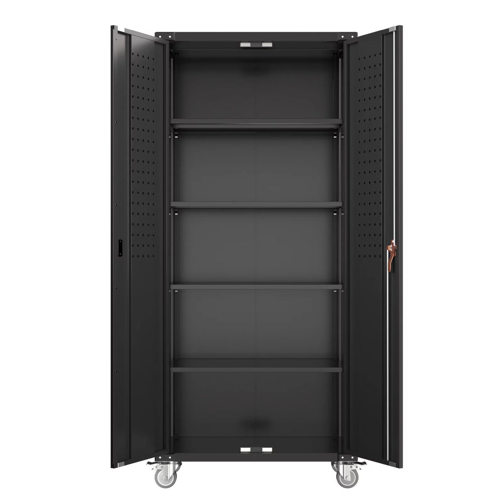 Black Metal Storage Cabinet with Wheels and Pegboard N2609