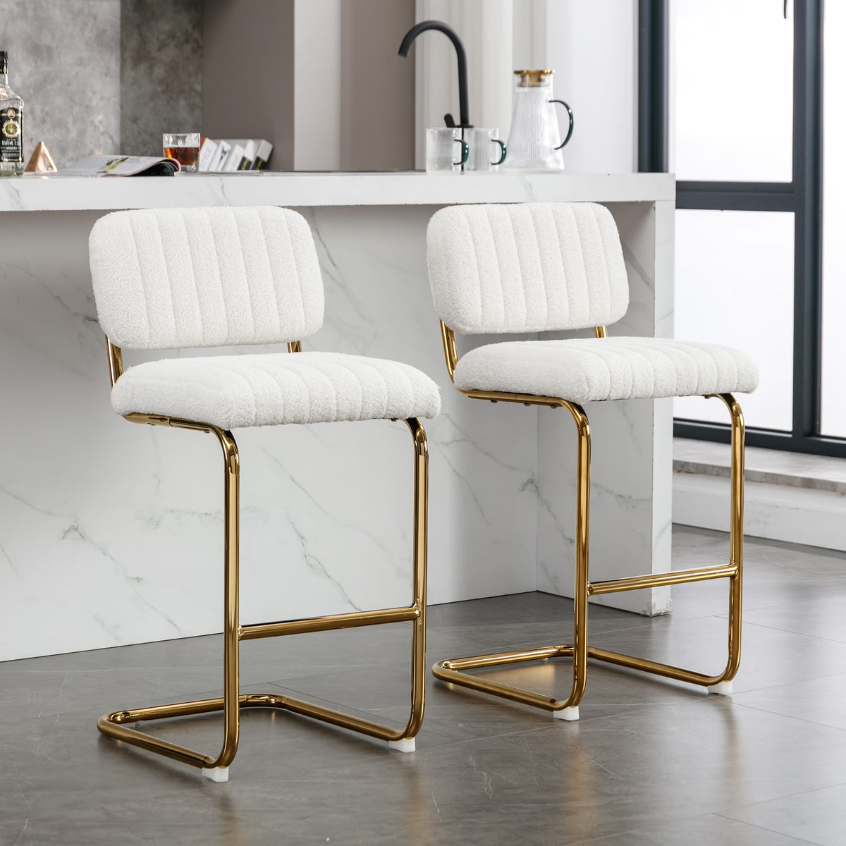 Ivory Boucle Fabric Counter Height Bar Stools Set of 2 E806114