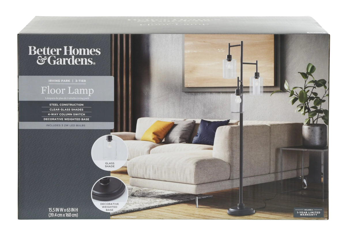 Black 3-Tier Floor Lamp with Glass Shades I18806