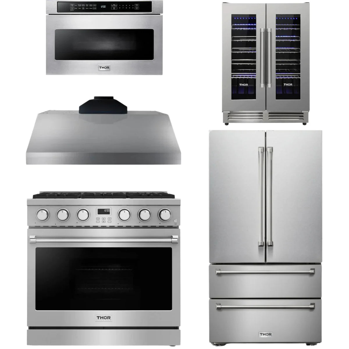 36 Gas Range, Range Hood, Refrigerator, Microwave and Wine Cooler E43372