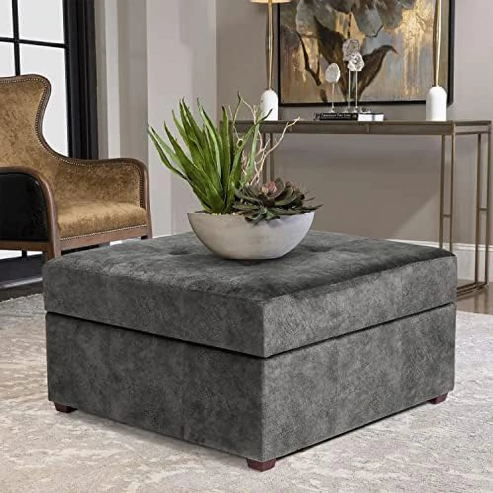Square Upholstered Tufted Ottoman with Nailhead Trim Wood Legs U283