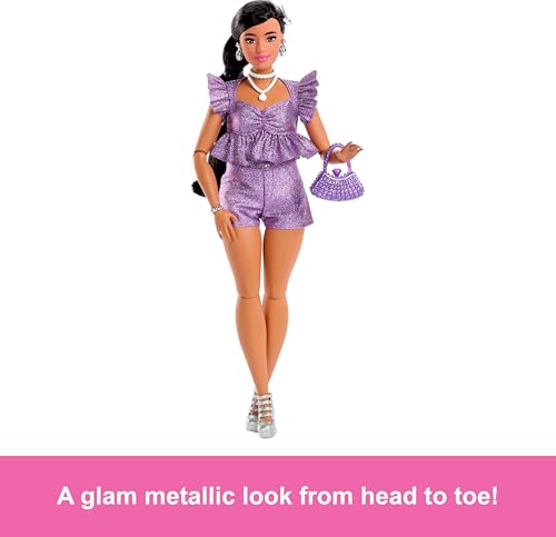 Metallic Blue Top and Skirt Doll with Wavy Brown Hair and Accessories T2374