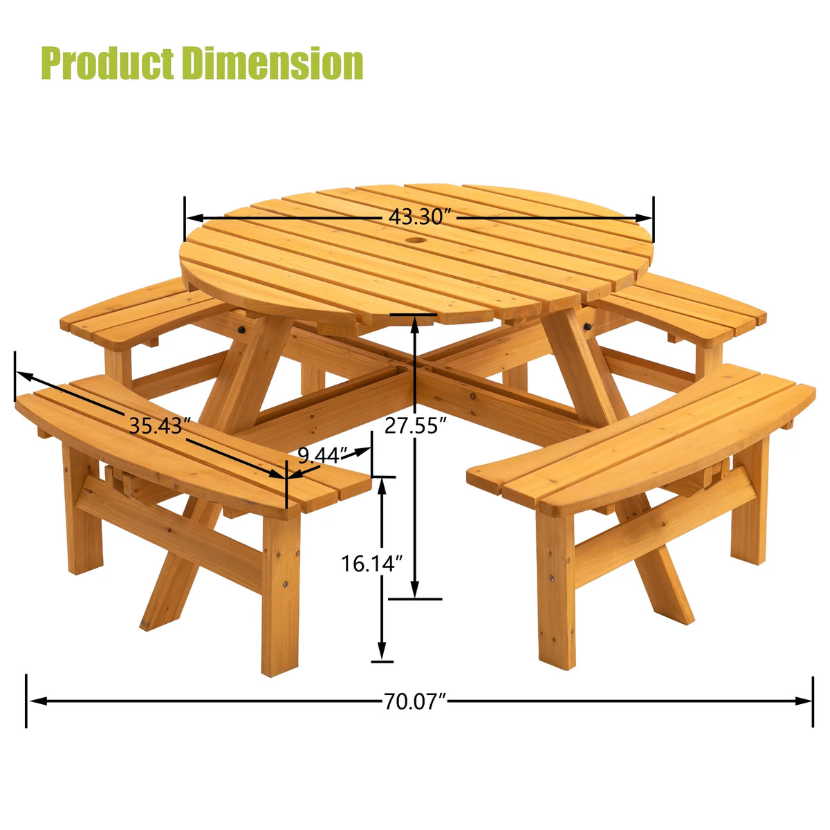 8-Person Wooden Picnic Table with 4 Built-in Benches N3674