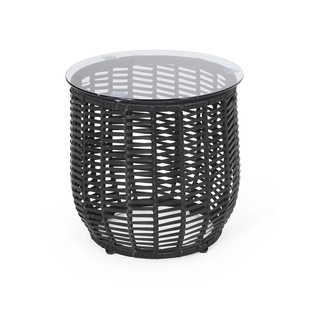 Black Wicker Side Table with Tempered Glass Top T555997