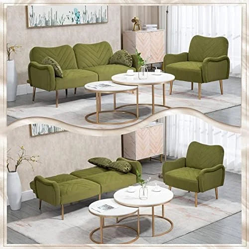 Modern Velvet Futon Sofa Bed Convertible Loveseat with 2 Pillows O39479