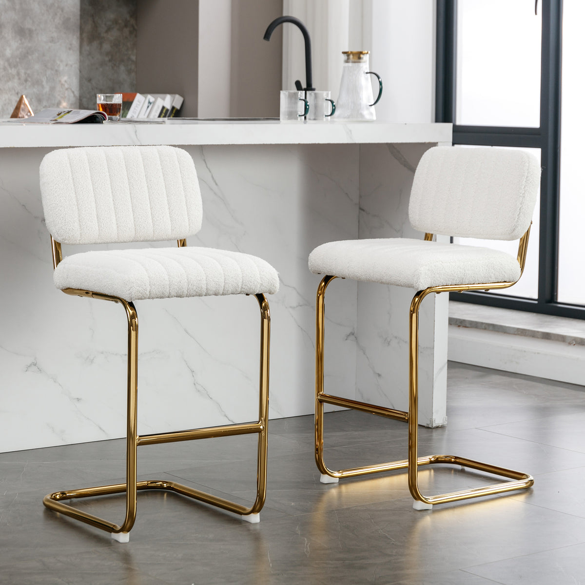 Ivory Boucle Fabric Counter Height Bar Stools Set of 2 E806114