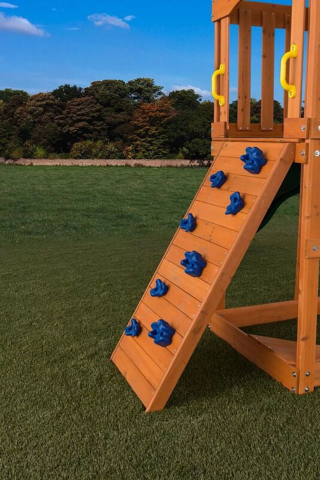 Wooden Playset with Roof, Swing, Sandbox, Climbing Wall, Ladder, Slide & Belt Swings Q7555