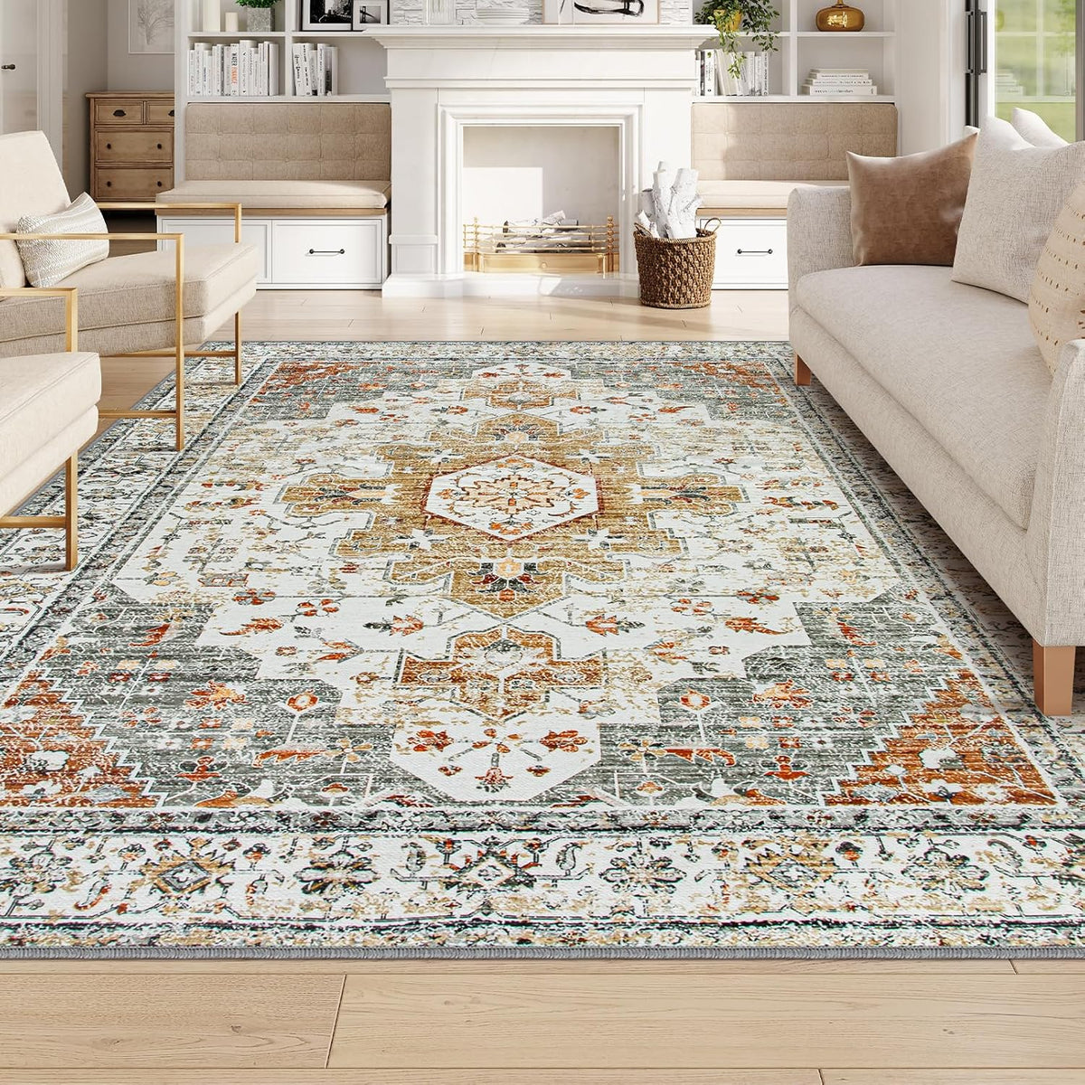 Ultra-Thin Vintage Area Rug 6x9, Washable Low Pile Mat Q65693