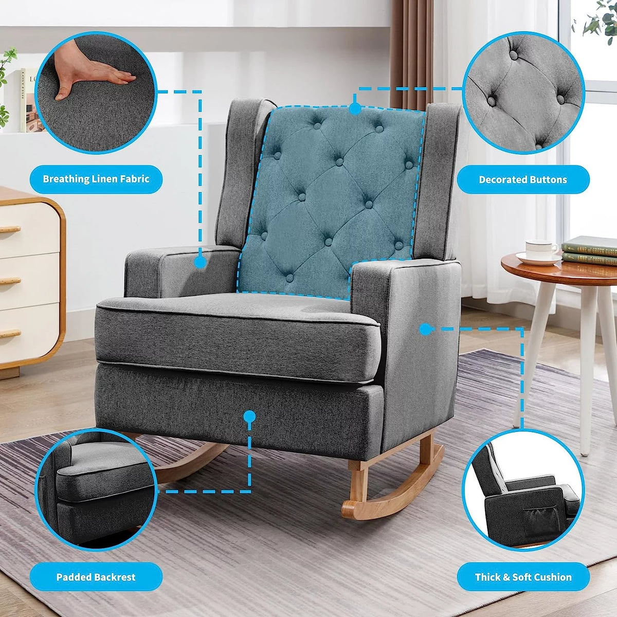 Dark Grey Upholstered Rocking Chair with Side Pocket A489151