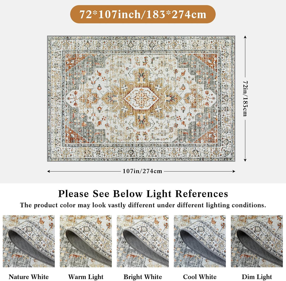 Ultra-Thin Vintage Area Rug 6x9, Washable Low Pile Mat Q65693