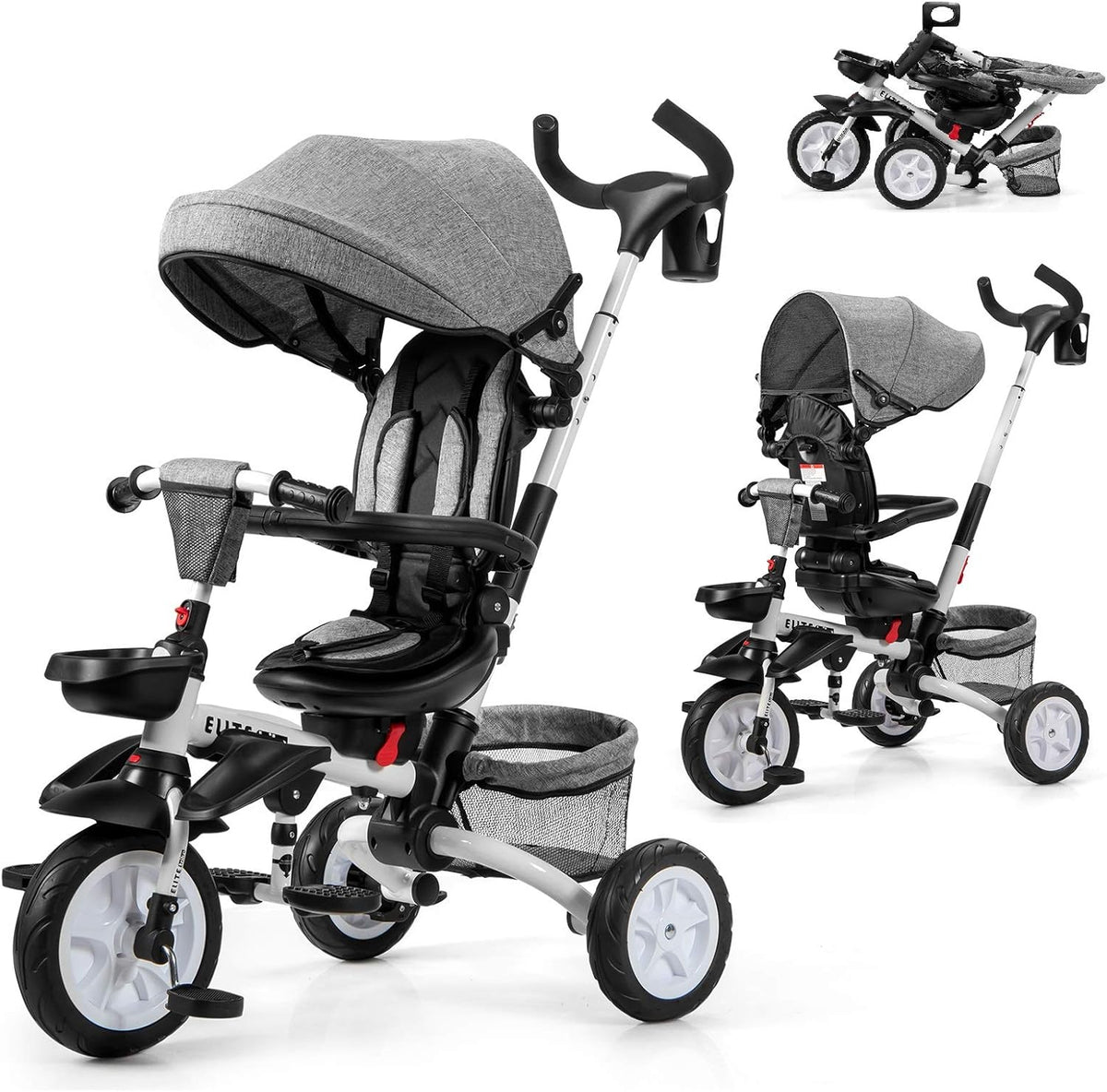 Pink 7-in-1 Kids Folding Tricycle with Canopy Q507