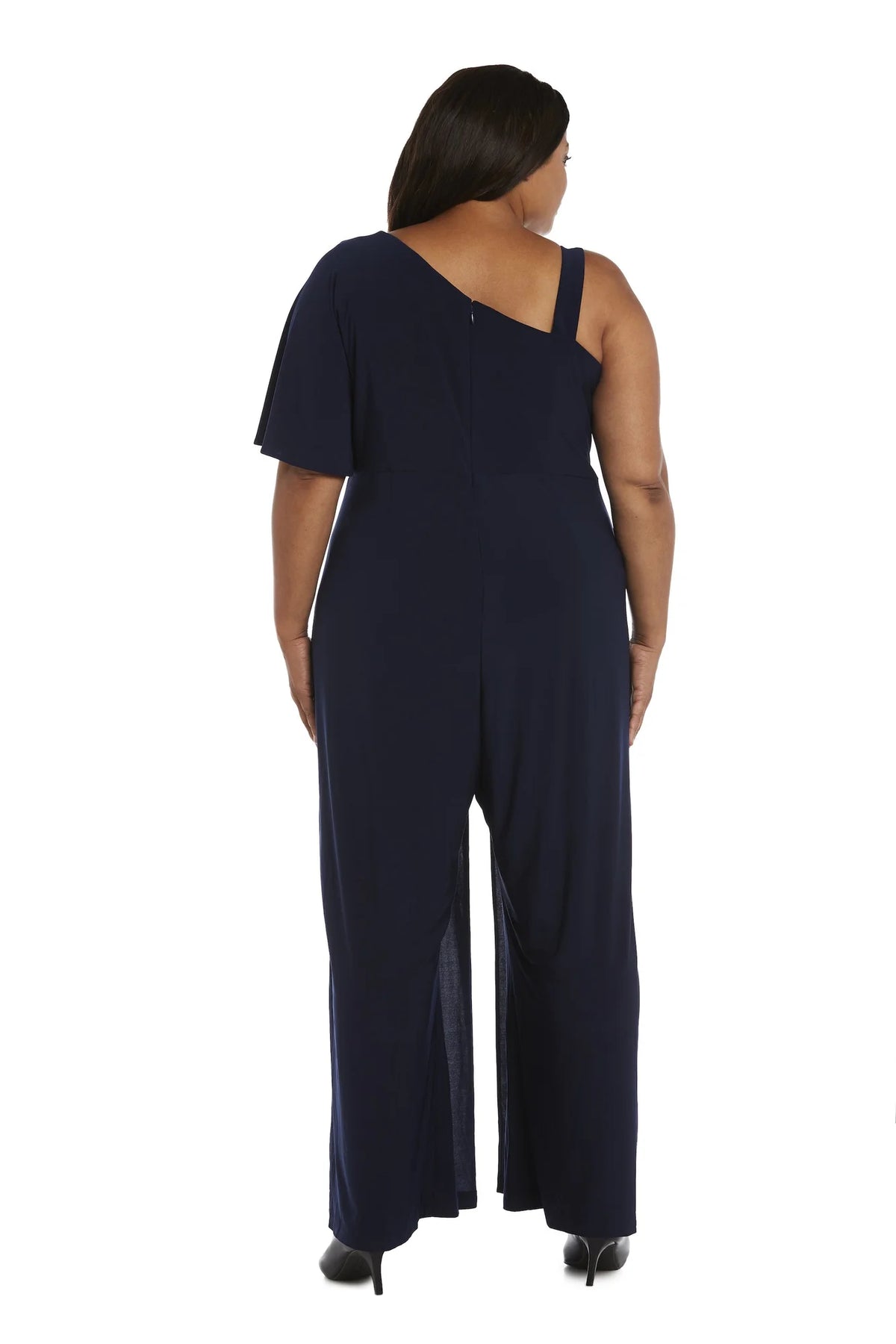 One-Shoulder Flare Jumpsuit with Overlay and Draped Sleeves E76652