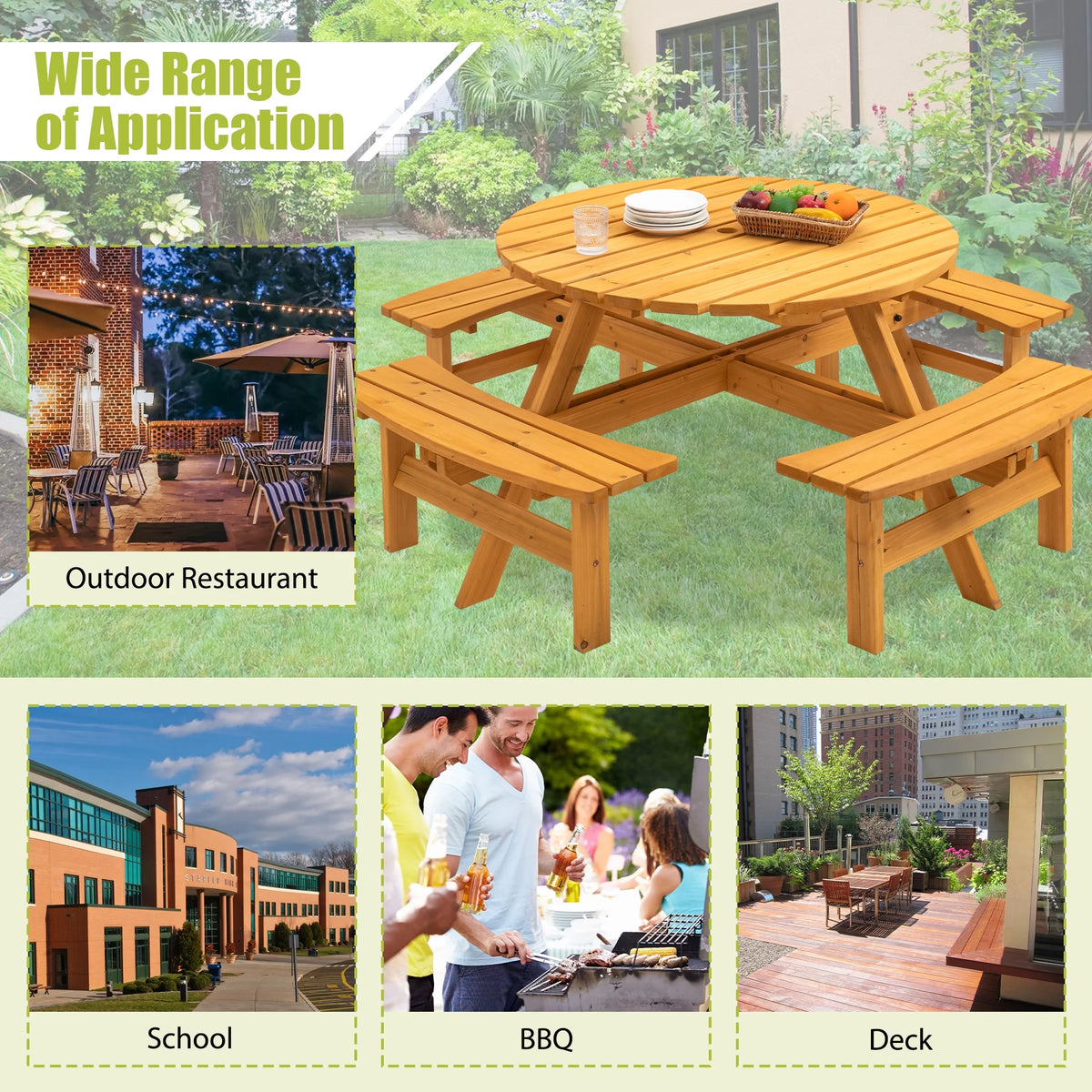 8-Person Wooden Picnic Table with 4 Built-in Benches N3674