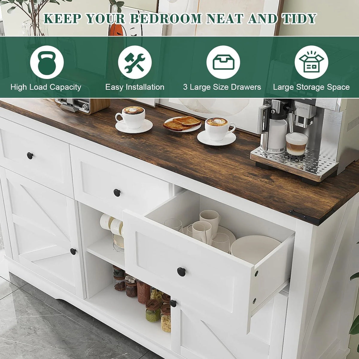White TV Stand with 3 Drawers and Shelves V220858