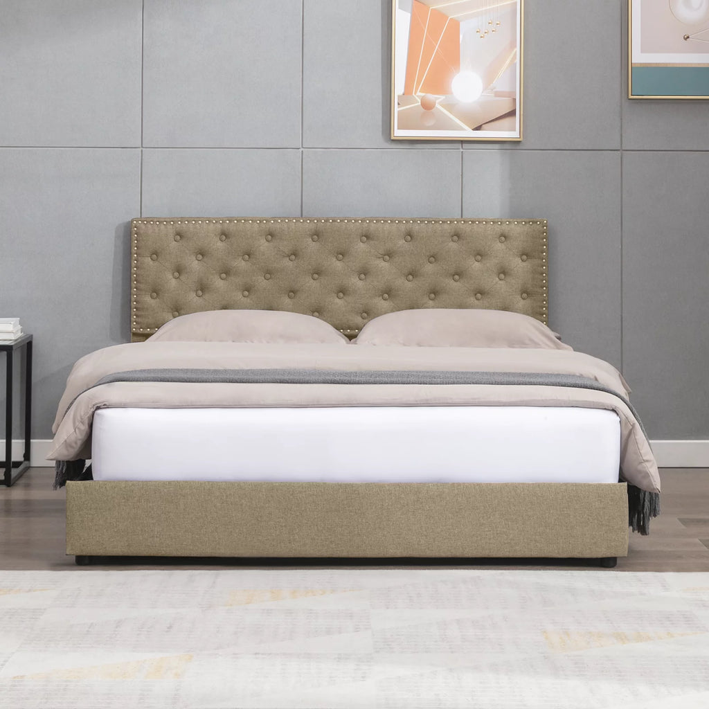 King Size Beige Platform Bed Frame with 4 Storage Drawers P7514