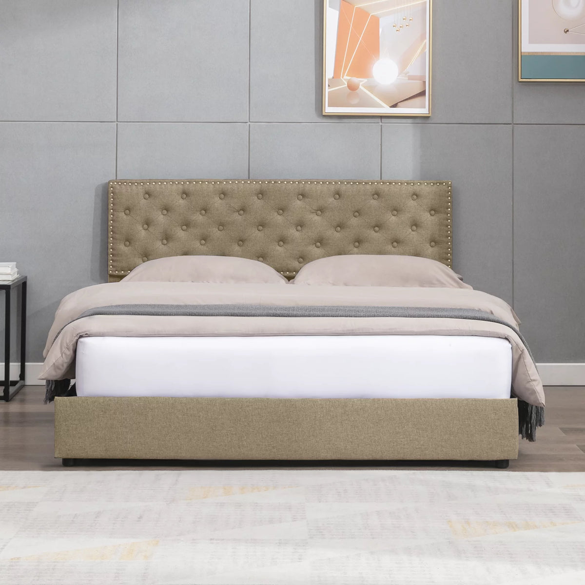 King Size Beige Platform Bed Frame with 4 Storage Drawers P7514