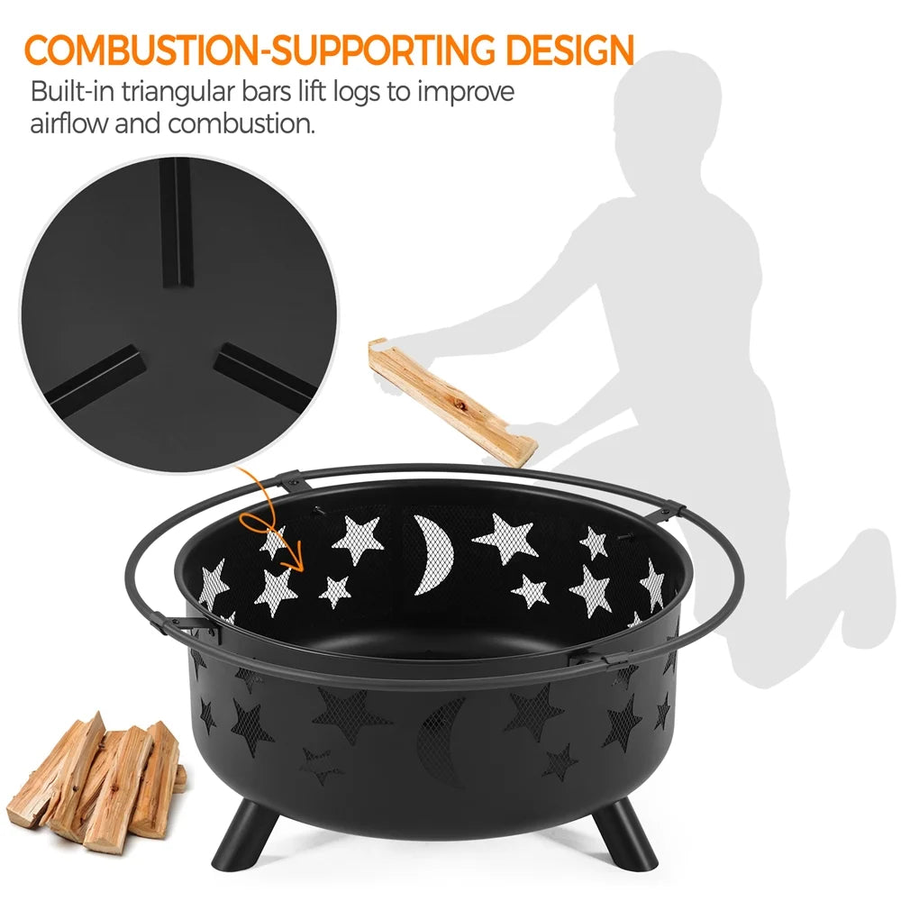 Black Iron Fire Pit with Poker Mesh Cover F8587
