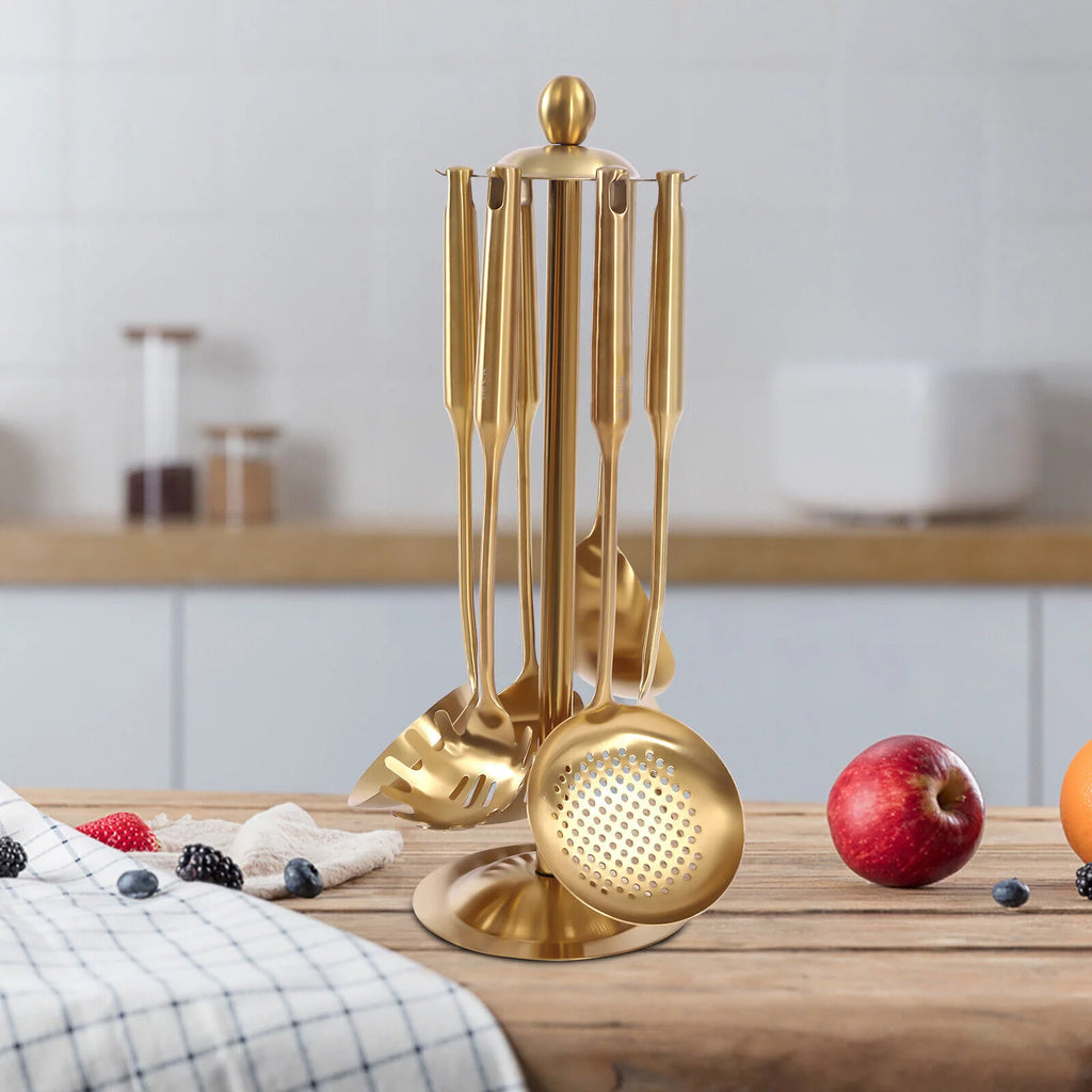 7 Pc Gold Kitchen Cooking Utensil Set with Stand P221742