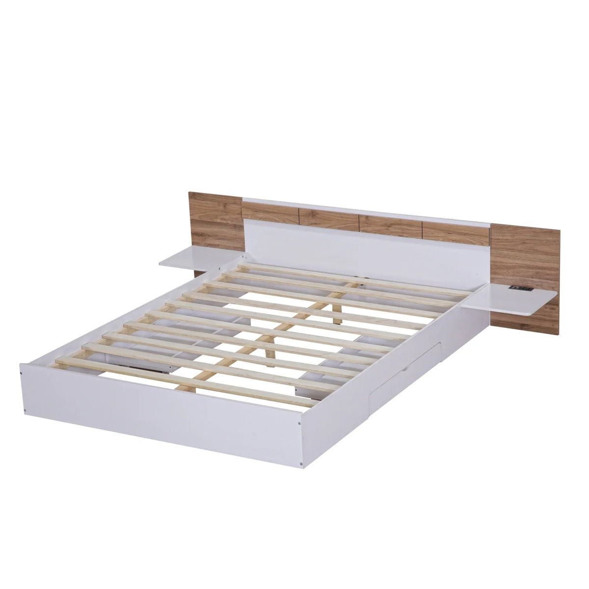 White Queen Size Wood Platform Bed with Storage Shelves and 2 Drawers Y16626