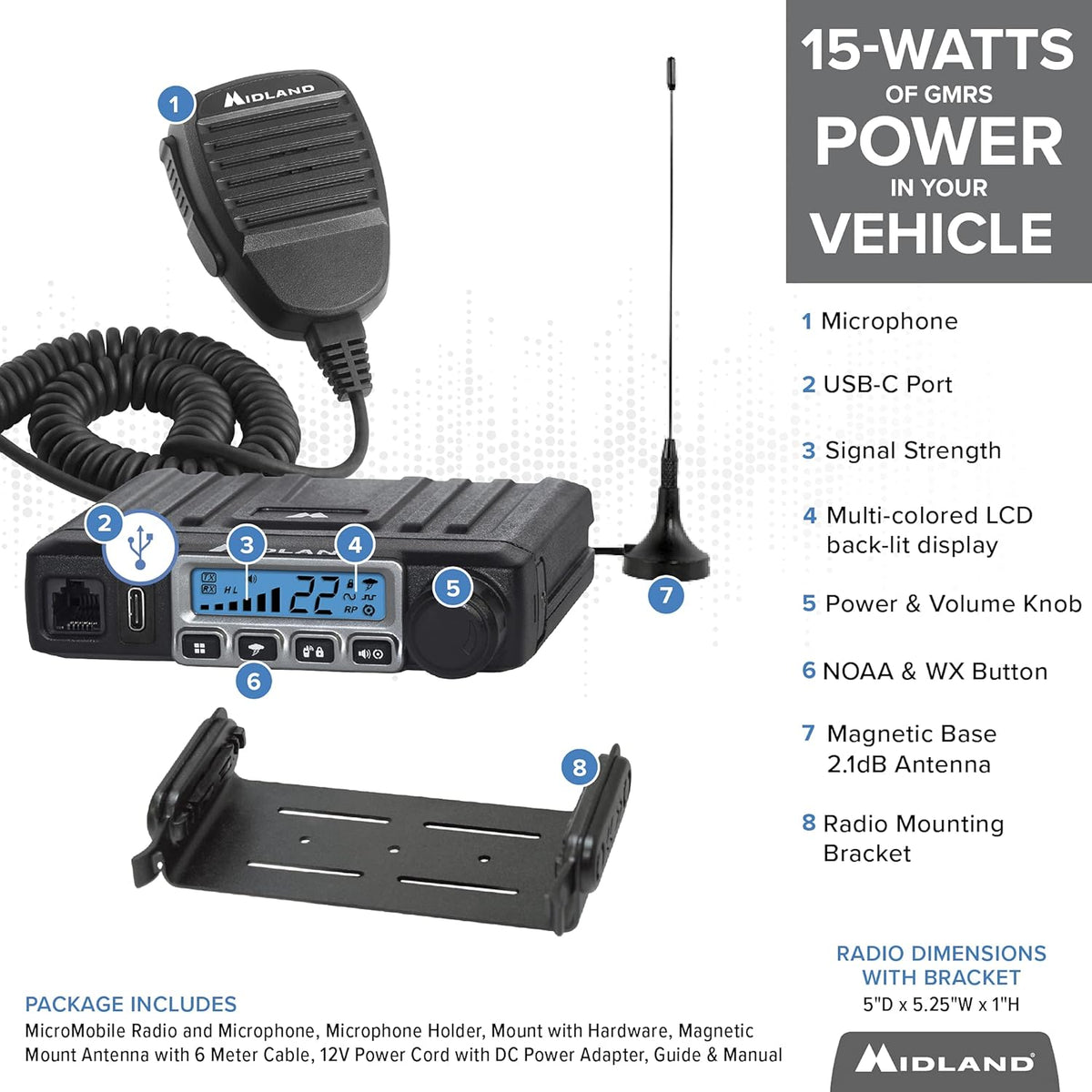 15 Watt GMRS MicroMobile Two-Way Radio with External Magnetic Mount Antenna (Black) H432