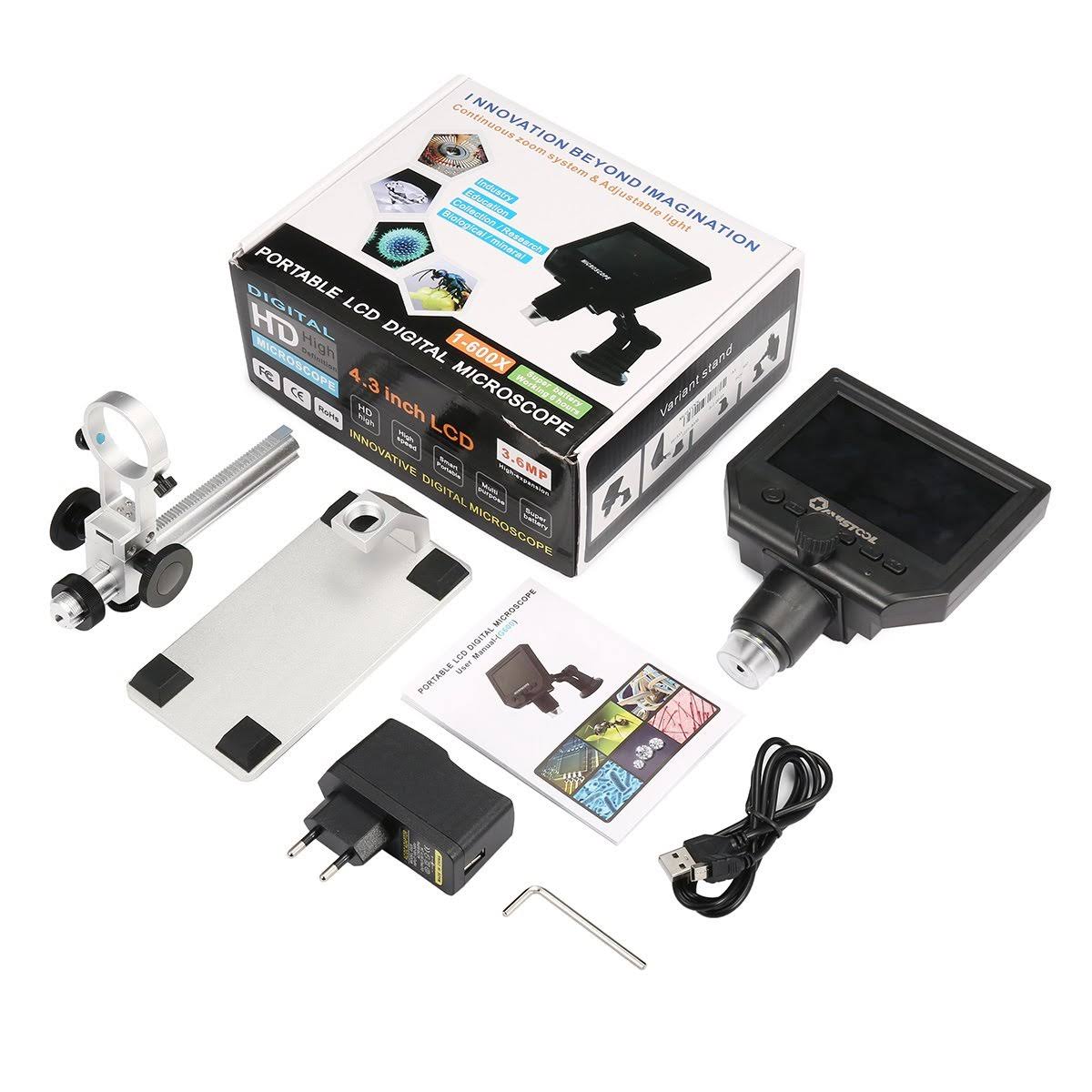 Digital Microscope 1-600X 3.6MP 4.3inch HD LCD Display with Aluminum Alloy Stand T930720