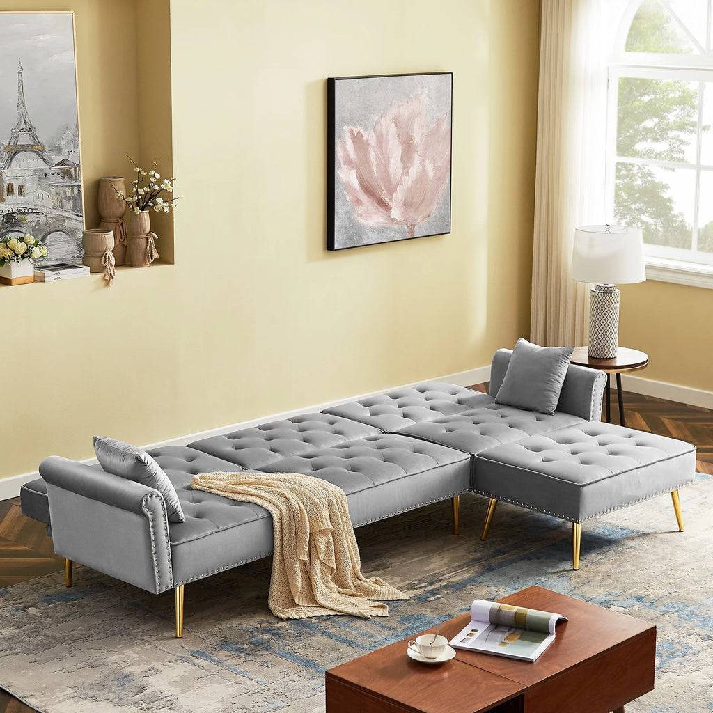Light Grey Reversible Sectional Sofa Bed with Ottoman F757