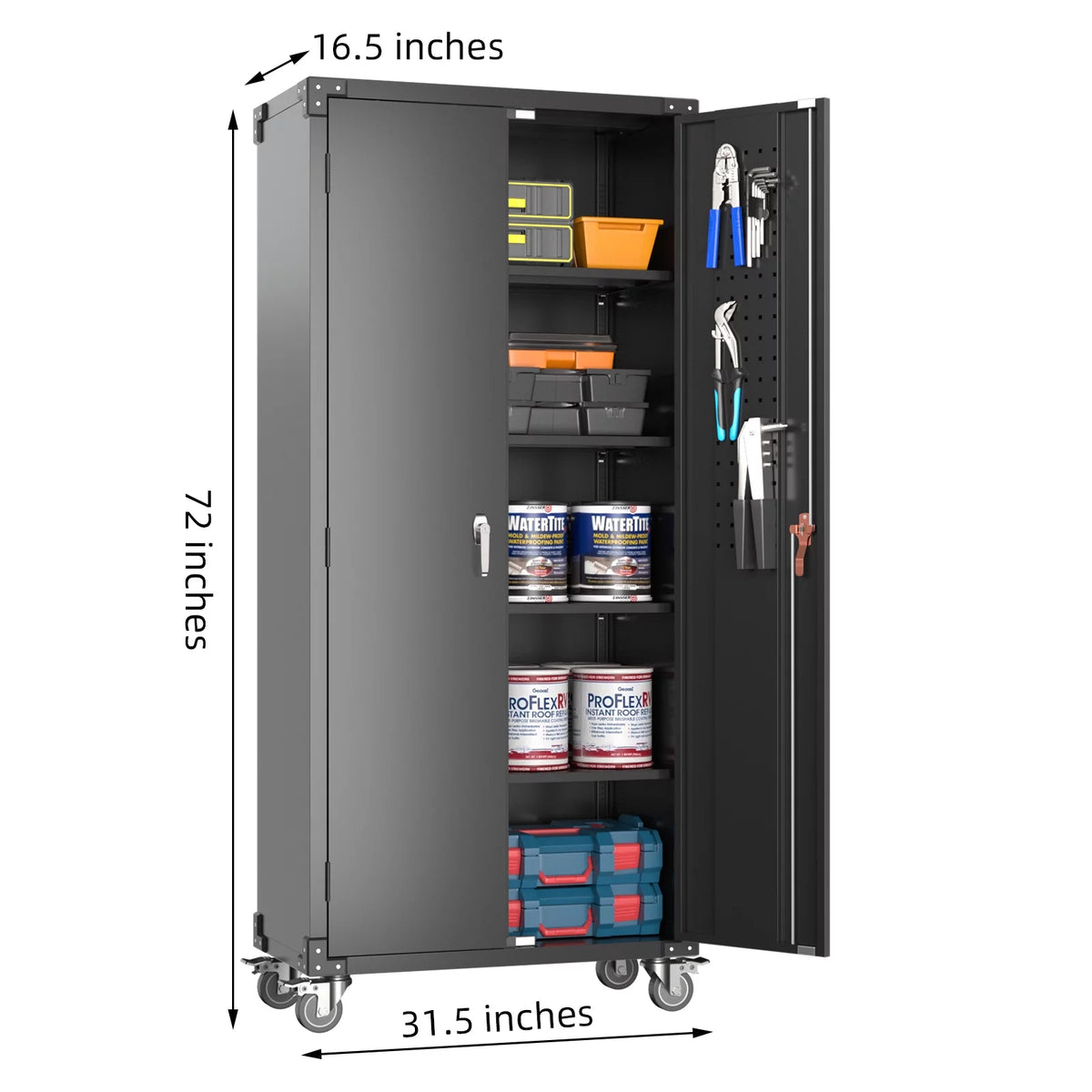 Black Metal Storage Cabinet with Wheels and Pegboard N2609