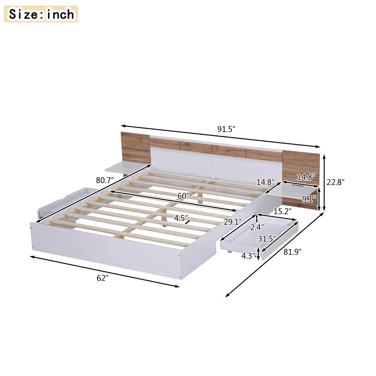 White Queen Size Wood Platform Bed with Storage Shelves and 2 Drawers Y16626